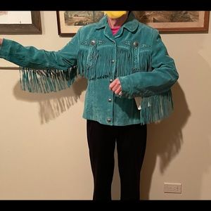Scully woman’s turquoise leather western fringe jacket. Size L.